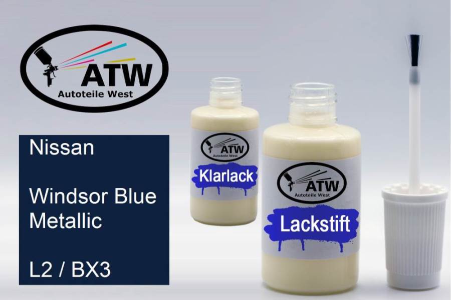 Nissan, Windsor Blue Metallic, L2 / BX3: 20ml Lackstift + 20ml Klarlack - Set, von ATW Autoteile West.